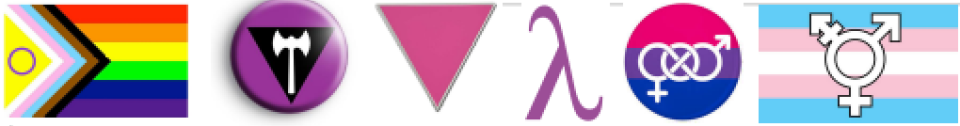 Progress Pride Flag, Labrys, Pink Triangle. Lambda, Bisexual symbol, Trans Flag